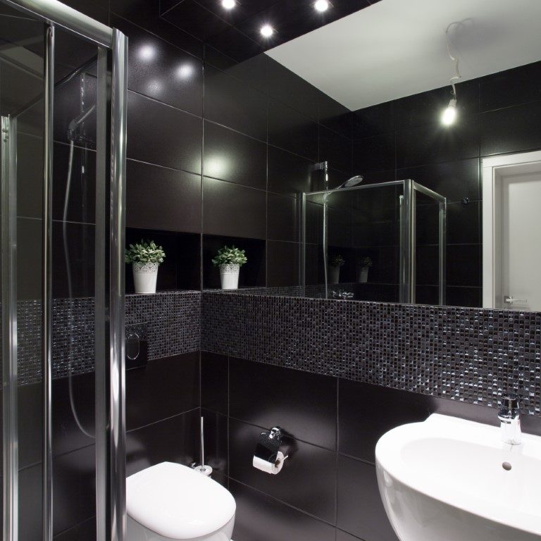 Modern design of small bathroom with black tiles